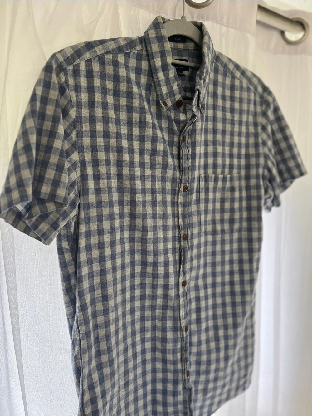 J. Crew Navy Gingham Short-Sleeve Button Shirt preppy homespun 100% cotton small